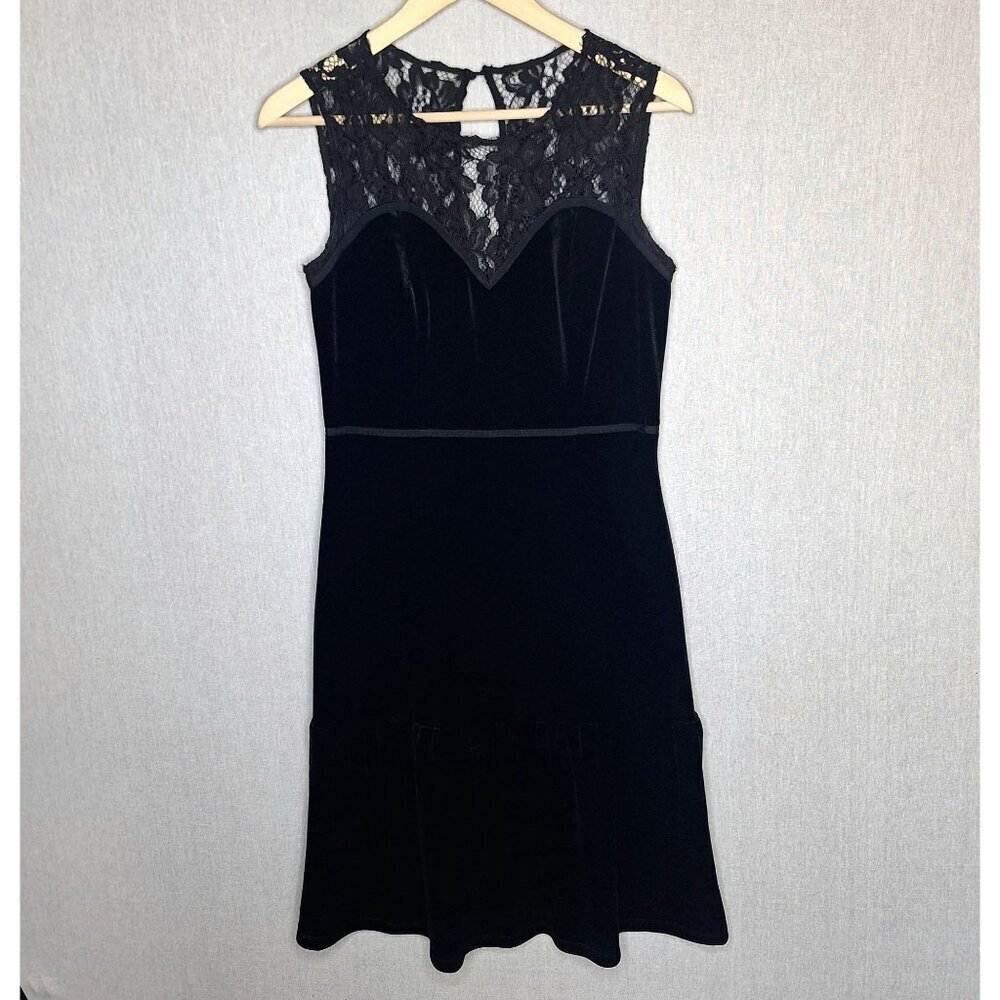 ๐ Black Velvet Lace Stretch Sweetheart Neckline Midi Dress Size M Preppy Formal - Picture 9 of 9